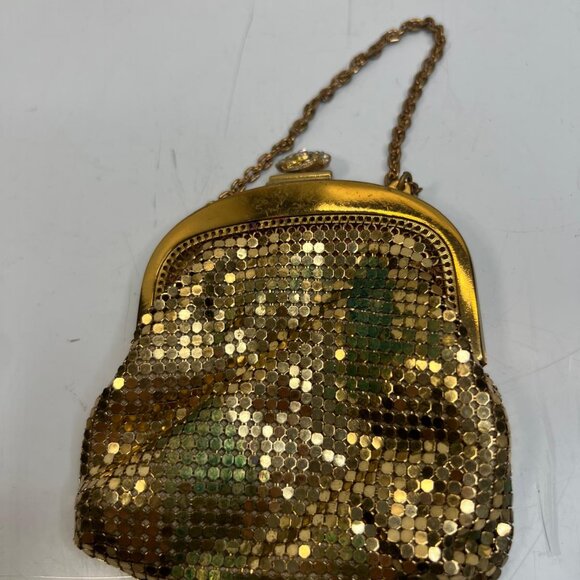 Vintage Women's Whiting and Davis Gold Mesh Coin Purse Rhinestone Clasp Chain - Picture 3 of 5